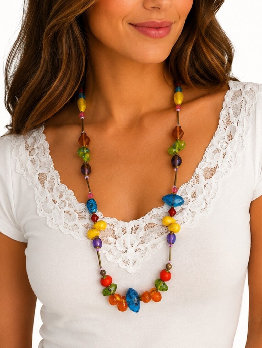 HANDMADE Heavyweight Rainbow Glass Spring Beaded Festival Necklace